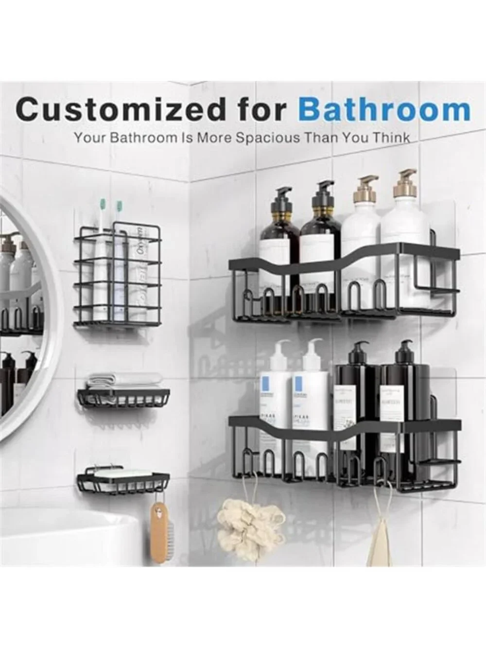 5-Pack Rustproof Stainless Steel Shower Caddy Set– No Drill Adhesive Bathroom